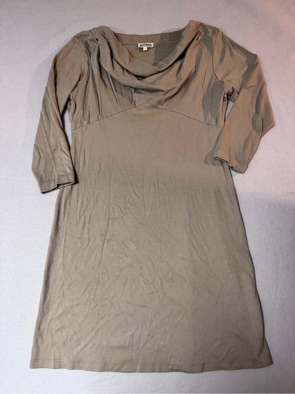 Ethos Paris Taupe Organic Cotton Cowl Neck Empire Mini Dress XL 3/4 sleeve